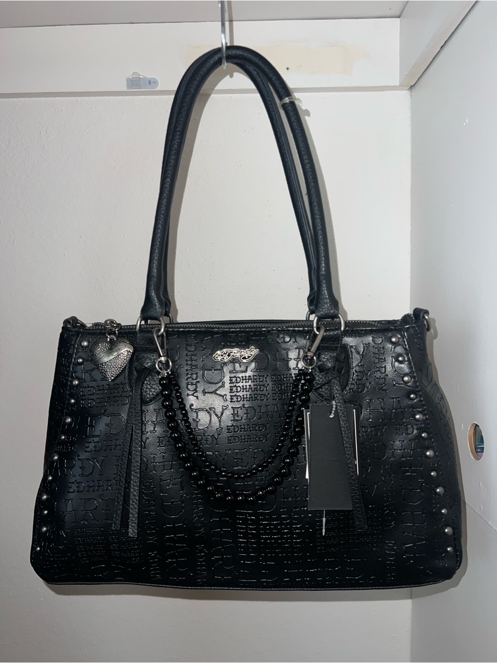 Ed Hardy Black Embossed Satchel with Bead Accent